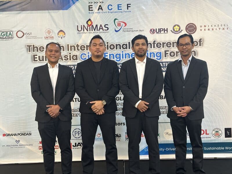 3D Gens team poses in front of the EACEF Euro Asia Civil Engineering Forum conference banner at UNIMAS Sarawak